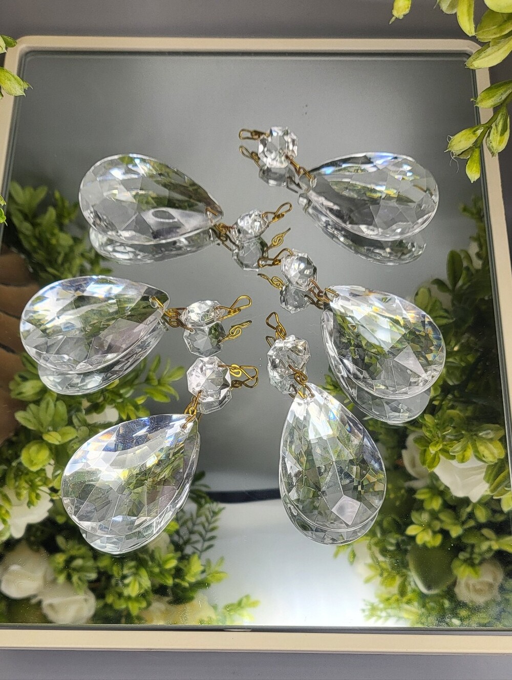 6 Glass Prisms w/Gold Wire Almond Teardrop - Hollywood Regency Vintage Crystals